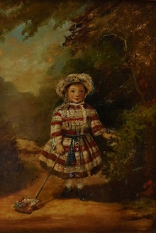 Victorian School, oil on canvas laid on board, Portrait of a young girl before a landscape, unsigned, 27 x 19cm, gilt frame